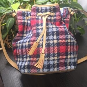 Coach Red & Navy Plaid Drawstring Crossbody Bucket Bag
